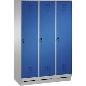 C+P EVOLO Garderobenschrank, mit Sockel, 3 Abteile, Abteilbreite 400 mm, weißaluminium / enzianblau