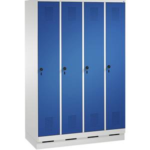 C+P EVOLO Garderobenschrank, mit Sockel, 4 Abteile, Abteilbreite 300 mm, lichtgrau / enzianblau