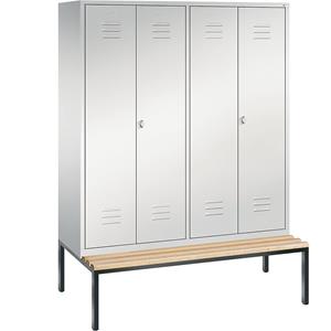 C+P CLASSIC Garderobenschrank mit untergebauter Sitzbank, zueinander schlagende Türen, 4 Abteile, Abteilbreite 400 mm, lichtgrau