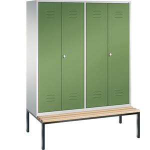 C+P CLASSIC Garderobenschrank mit untergebauter Sitzbank, zueinander schlagende Türen, 4 Abteile, Abteilbreite 400 mm, lichtgrau / resedagrün