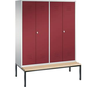 C+P CLASSIC Garderobenschrank mit untergebauter Sitzbank, zueinander schlagende Türen, 4 Abteile, Abteilbreite 400 mm, lichtgrau / rubinrot