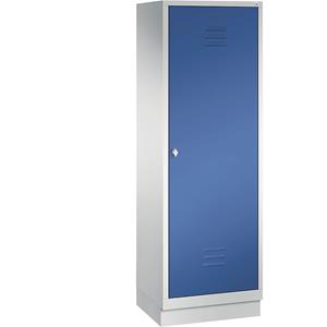 C+P CLASSIC Garderobenschrank mit Sockel, Tür über 2 Abteile, 2 Abteile, Abteilbreite 300 mm, lichtgrau / enzianblau