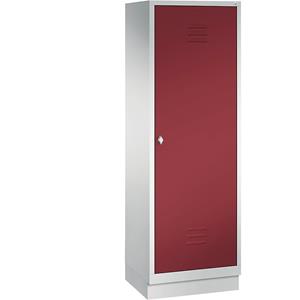 C+P CLASSIC Garderobenschrank mit Sockel, Tür über 2 Abteile, 2 Abteile, Abteilbreite 300 mm, lichtgrau / rubinrot
