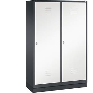 C+P CLASSIC Garderobenschrank mit Sockel, Tür über 2 Abteile, 4 Abteile, Abteilbreite 300 mm, schwarzgrau / verkehrsweiß