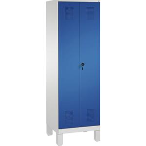 C+P EVOLO Garderobenschrank, zueinander schlagende Türen, 2 Abteile, Abteilbreite 300 mm, mit Füßen, lichtgrau / enzianblau