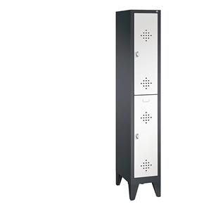 C+P CLASSIC Garderobenschrank mit Füßen, doppelstöckig, 1 Abteil, je 2 Fächer, Abteilbreite 300 mm, schwarzgrau / verkehrsweiß
