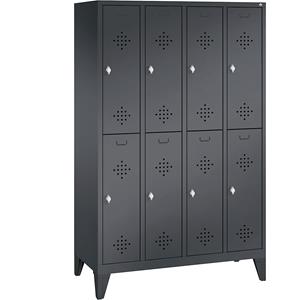 C+P CLASSIC Garderobenschrank mit Füßen, doppelstöckig, 4 Abteile, je 2 Fächer, Abteilbreite 300 mm, schwarzgrau