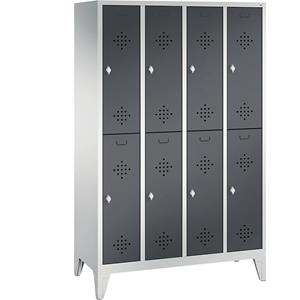 C+P CLASSIC Garderobenschrank mit Füßen, doppelstöckig, 4 Abteile, je 2 Fächer, Abteilbreite 300 mm, lichtgrau / schwarzgrau