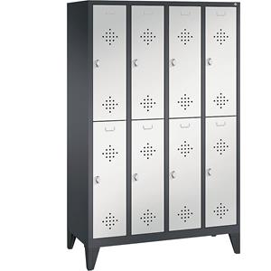 C+P CLASSIC Garderobenschrank mit Füßen, doppelstöckig, 4 Abteile, je 2 Fächer, Abteilbreite 300 mm, schwarzgrau / lichtgrau