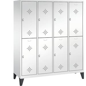 C+P CLASSIC Garderobenschrank mit Füßen, doppelstöckig, 4 Abteile, je 2 Fächer, Abteilbreite 400 mm, verkehrsweiß