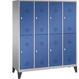 C+P CLASSIC Garderobenschrank mit Füßen, doppelstöckig, 4 Abteile, je 2 Fächer, Abteilbreite 400 mm, weißaluminium / enzianblau