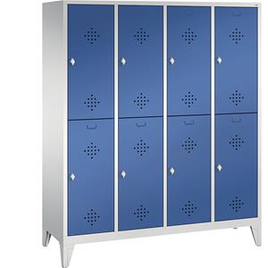 C+P CLASSIC Garderobenschrank mit Füßen, doppelstöckig, 4 Abteile, je 2 Fächer, Abteilbreite 400 mm, lichtgrau / enzianblau