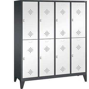 C+P CLASSIC Garderobenschrank mit Füßen, doppelstöckig, 4 Abteile, je 2 Fächer, Abteilbreite 400 mm, schwarzgrau / verkehrsweiß