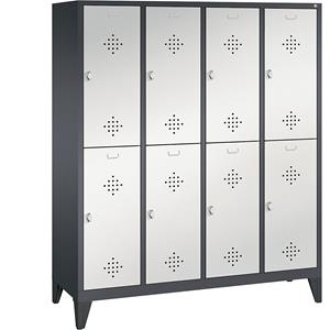 C+P CLASSIC Garderobenschrank mit Füßen, doppelstöckig, 4 Abteile, je 2 Fächer, Abteilbreite 400 mm, schwarzgrau / lichtgrau