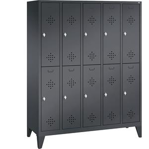 C+P CLASSIC Garderobenschrank mit Füßen, doppelstöckig, 5 Abteile, je 2 Fächer, Abteilbreite 300 mm, schwarzgrau