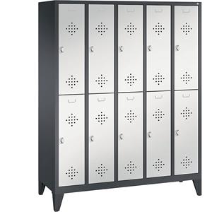 C+P CLASSIC Garderobenschrank mit Füßen, doppelstöckig, 5 Abteile, je 2 Fächer, Abteilbreite 300 mm, schwarzgrau / lichtgrau