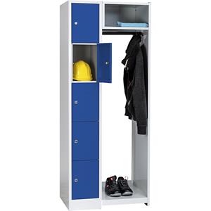 Wolf Privé-vakkenkast systeem, 5 vakken links, 5 kleerhangers, totale breedte 750 mm, vakbreedte 298 mm, gentiaanblauw