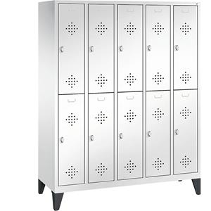 C+P CLASSIC Garderobenschrank mit Füßen, doppelstöckig, 5 Abteile, je 2 Fächer, Abteilbreite 300 mm, verkehrsweiß