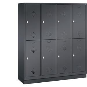 C+P CLASSIC Garderobenschrank mit Sockel, doppelstöckig, 4 Abteile, je 2 Fächer, Abteilbreite 400 mm, schwarzgrau