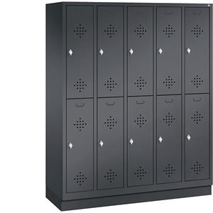 C+P CLASSIC Garderobenschrank mit Sockel, doppelstöckig, 5 Abteile, je 2 Fächer, Abteilbreite 300 mm, schwarzgrau