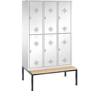 C+P CLASSIC Garderobenschrank mit untergebauter Sitzbank, doppelstöckig, 3 Abteile, je 2 Fächer, Abteilbreite 400 mm, verkehrsweiß