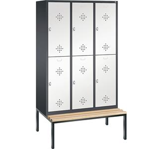 C+P CLASSIC Garderobenschrank mit untergebauter Sitzbank, doppelstöckig, 3 Abteile, je 2 Fächer, Abteilbreite 400 mm, schwarzgrau / verkehrsweiß