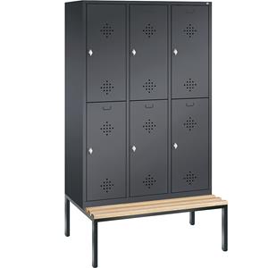 C+P CLASSIC Garderobenschrank mit untergebauter Sitzbank, doppelstöckig, 3 Abteile, je 2 Fächer, Abteilbreite 400 mm, schwarzgrau