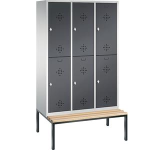 C+P CLASSIC Garderobenschrank mit untergebauter Sitzbank, doppelstöckig, 3 Abteile, je 2 Fächer, Abteilbreite 400 mm, lichtgrau / schwarzgrau