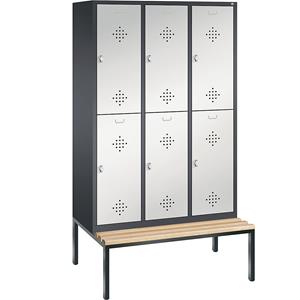 C+P CLASSIC Garderobenschrank mit untergebauter Sitzbank, doppelstöckig, 3 Abteile, je 2 Fächer, Abteilbreite 400 mm, schwarzgrau / lichtgrau