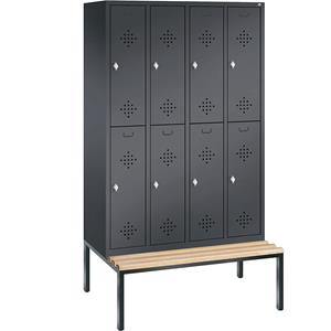 C+P CLASSIC Garderobenschrank mit untergebauter Sitzbank, doppelstöckig, 4 Abteile, je 2 Fächer, Abteilbreite 300 mm, schwarzgrau