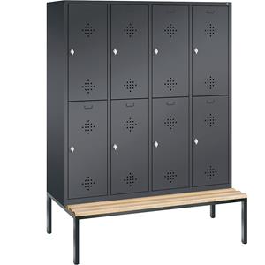 C+P CLASSIC Garderobenschrank mit untergebauter Sitzbank, doppelstöckig, 4 Abteile, je 2 Fächer, Abteilbreite 400 mm, schwarzgrau