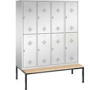 C+P CLASSIC Garderobenschrank mit untergebauter Sitzbank, doppelstöckig, 4 Abteile, je 2 Fächer, Abteilbreite 400 mm, lichtgrau