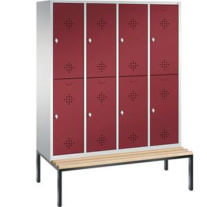 C+P CLASSIC Garderobenschrank mit untergebauter Sitzbank, doppelstöckig, 4 Abteile, je 2 Fächer, Abteilbreite 400 mm, lichtgrau / rubinrot