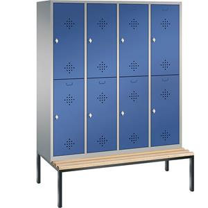 C+P CLASSIC Garderobenschrank mit untergebauter Sitzbank, doppelstöckig, 4 Abteile, je 2 Fächer, Abteilbreite 400 mm, weißaluminium / enzianblau