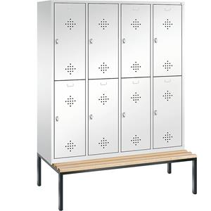 C+P CLASSIC Garderobenschrank mit untergebauter Sitzbank, doppelstöckig, 4 Abteile, je 2 Fächer, Abteilbreite 400 mm, verkehrsweiß