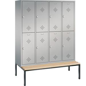 C+P CLASSIC Garderobenschrank mit untergebauter Sitzbank, doppelstöckig, 4 Abteile, je 2 Fächer, Abteilbreite 400 mm, weißaluminium