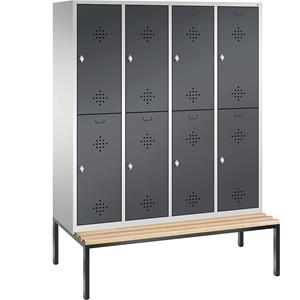 C+P CLASSIC Garderobenschrank mit untergebauter Sitzbank, doppelstöckig, 4 Abteile, je 2 Fächer, Abteilbreite 400 mm, lichtgrau / schwarzgrau