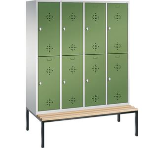 C+P CLASSIC Garderobenschrank mit untergebauter Sitzbank, doppelstöckig, 4 Abteile, je 2 Fächer, Abteilbreite 400 mm, lichtgrau / resedagrün