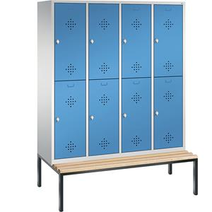 C+P CLASSIC Garderobenschrank mit untergebauter Sitzbank, doppelstöckig, 4 Abteile, je 2 Fächer, Abteilbreite 400 mm, lichtgrau / lichtblau