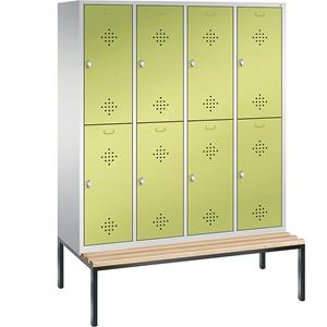 C+P CLASSIC Garderobenschrank mit untergebauter Sitzbank, doppelstöckig, 4 Abteile, je 2 Fächer, Abteilbreite 400 mm, lichtgrau / viridingrün