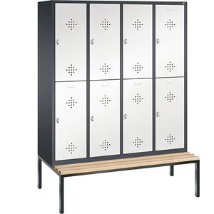 C+P CLASSIC Garderobenschrank mit untergebauter Sitzbank, doppelstöckig, 4 Abteile, je 2 Fächer, Abteilbreite 400 mm, schwarzgrau / verkehrsweiß