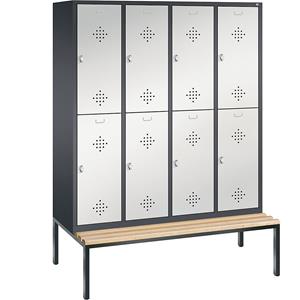 C+P CLASSIC Garderobenschrank mit untergebauter Sitzbank, doppelstöckig, 4 Abteile, je 2 Fächer, Abteilbreite 400 mm, schwarzgrau / lichtgrau