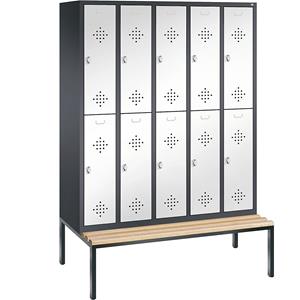 C+P CLASSIC Garderobenschrank mit untergebauter Sitzbank, doppelstöckig, 5 Abteile, je 2 Fächer, Abteilbreite 300 mm, schwarzgrau / verkehrsweiß