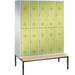 C+P CLASSIC Garderobenschrank mit untergebauter Sitzbank, doppelstöckig, 5 Abteile, je 2 Fächer, Abteilbreite 300 mm, lichtgrau / viridingrün