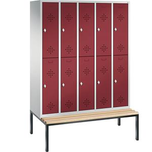 C+P CLASSIC Garderobenschrank mit untergebauter Sitzbank, doppelstöckig, 5 Abteile, je 2 Fächer, Abteilbreite 300 mm, lichtgrau / rubinrot