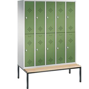 C+P CLASSIC Garderobenschrank mit untergebauter Sitzbank, doppelstöckig, 5 Abteile, je 2 Fächer, Abteilbreite 300 mm, lichtgrau / resedagrün