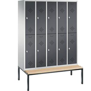 C+P CLASSIC Garderobenschrank mit untergebauter Sitzbank, doppelstöckig, 5 Abteile, je 2 Fächer, Abteilbreite 300 mm, lichtgrau / schwarzgrau