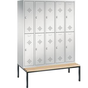 C+P CLASSIC Garderobenschrank mit untergebauter Sitzbank, doppelstöckig, 5 Abteile, je 2 Fächer, Abteilbreite 300 mm, lichtgrau