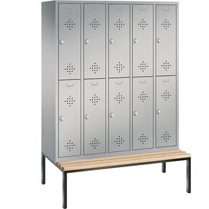 C+P CLASSIC Garderobenschrank mit untergebauter Sitzbank, doppelstöckig, 5 Abteile, je 2 Fächer, Abteilbreite 300 mm, weißaluminium