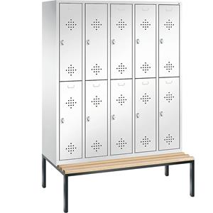 C+P CLASSIC Garderobenschrank mit untergebauter Sitzbank, doppelstöckig, 5 Abteile, je 2 Fächer, Abteilbreite 300 mm, verkehrsweiß